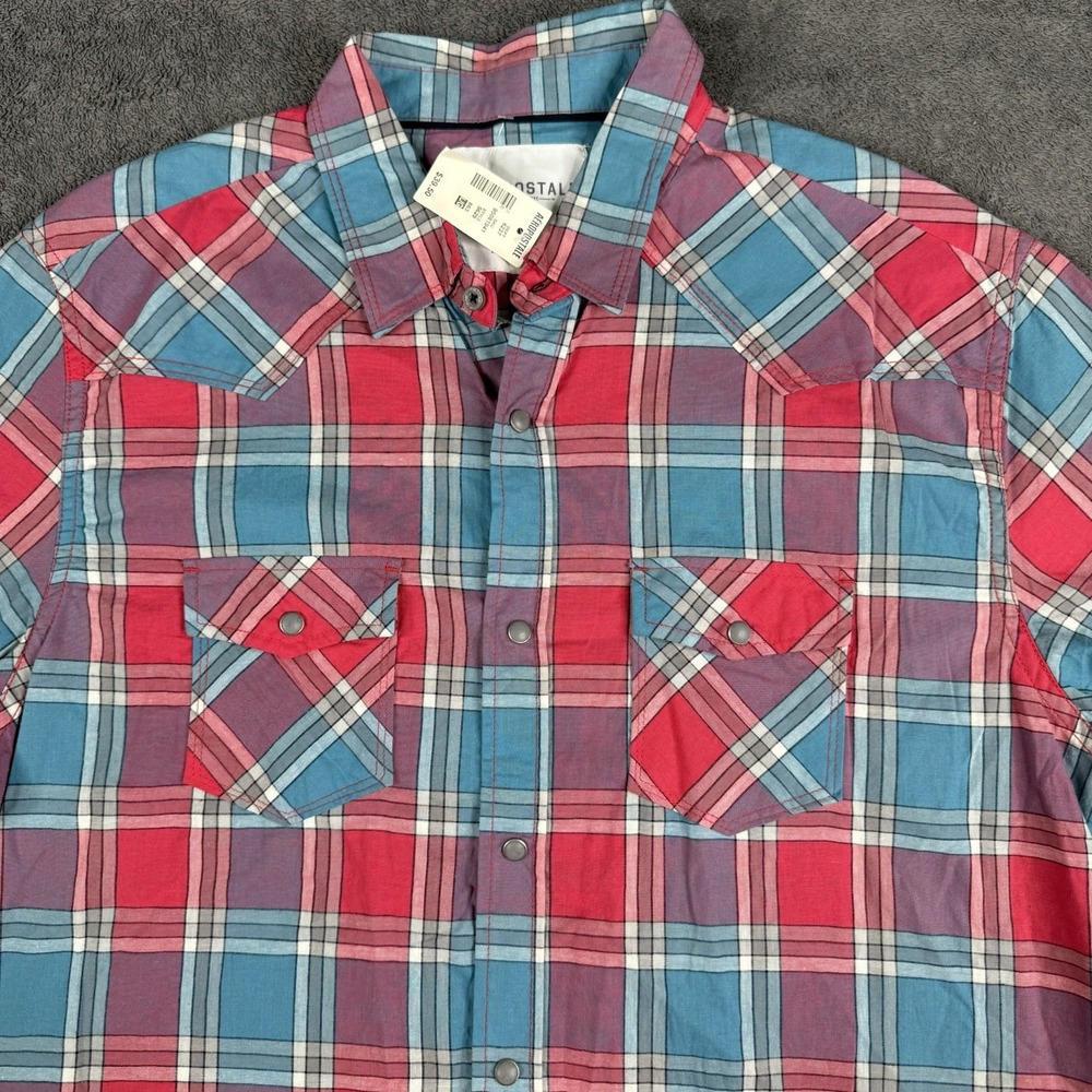 Aeropostale Mens Button Down Shirt Medium Blue Red Plaid Short Sleeve Cotton NEW